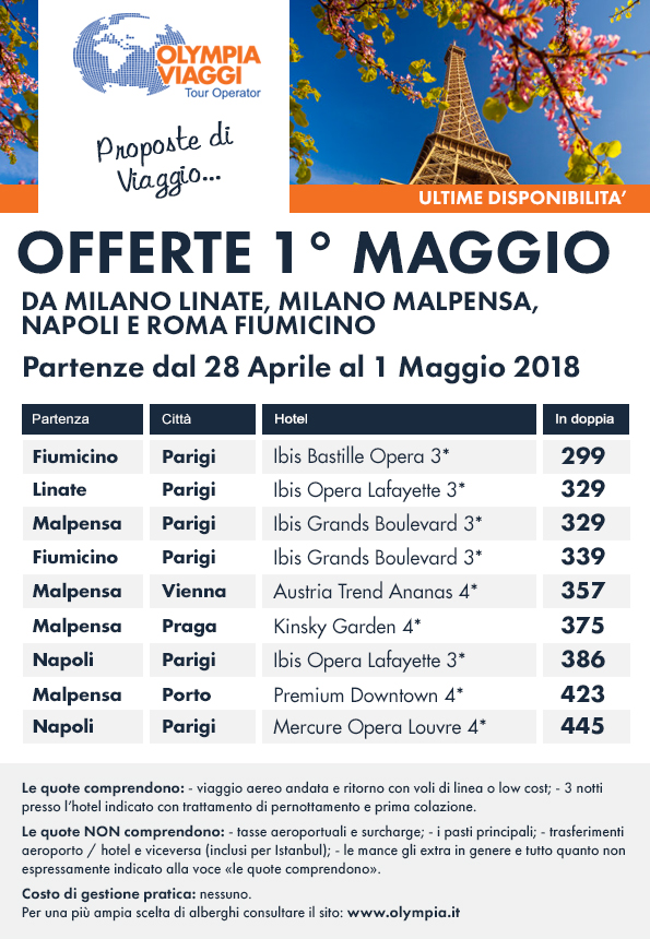 Offerte speciali 1° Maggio partenze da Milano Linate, Milano Malpensa, Roma Fiumicino e Napoli